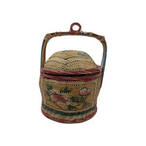 VTG  Asian Wedding Basket Floral Wicker Rattan 10.5" READ